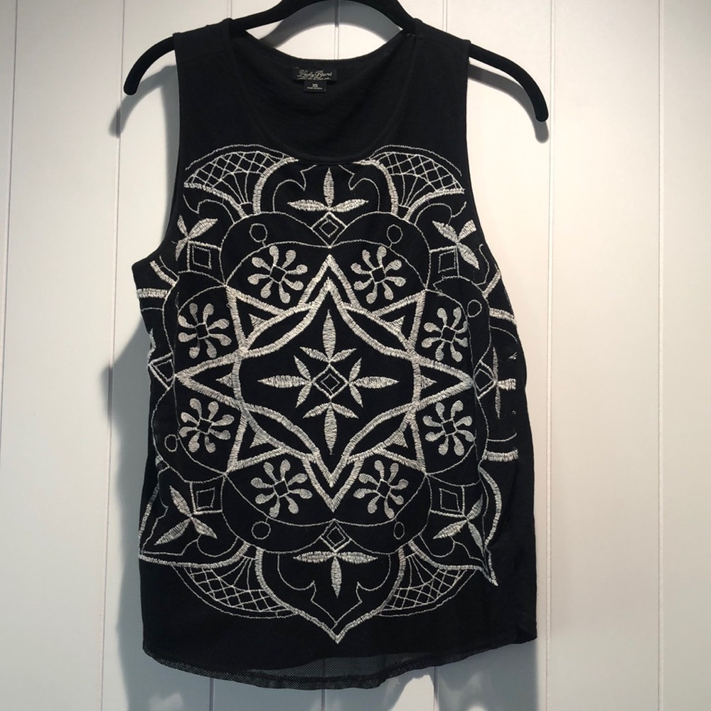 Lucky Brand black embroidered tank top mesh overlay lined XS